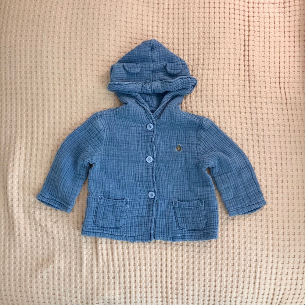 Baby Gap Teddy Bear Blue Cotton Muslin Hooded Jacket Ears 6-12 M Brannan Bear